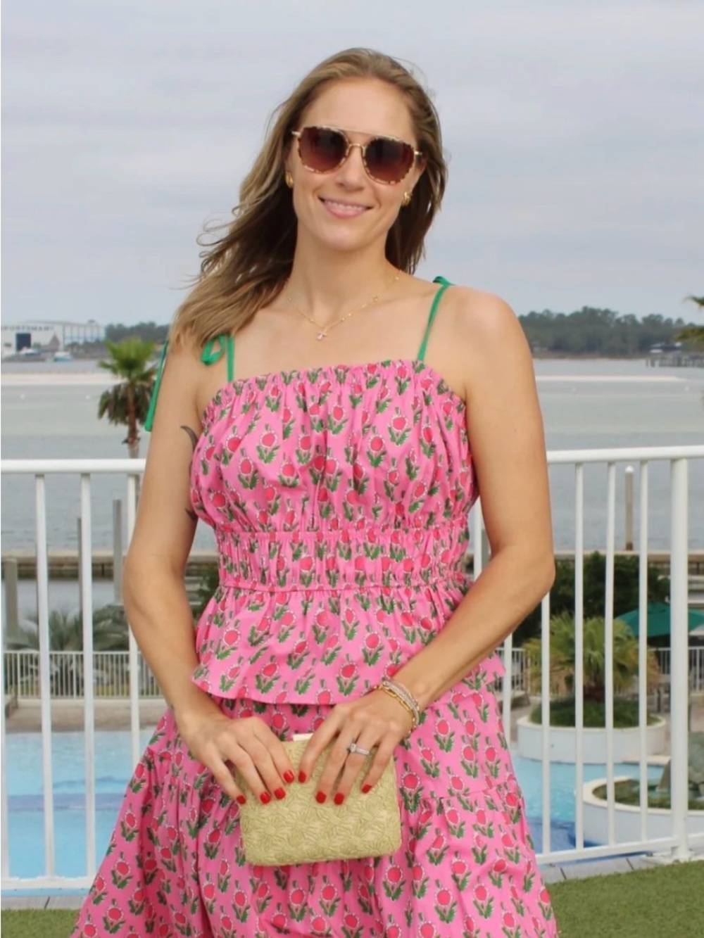 JODIFL Pink Floral Smocked Peplum Camisole with Green Tie-Straps